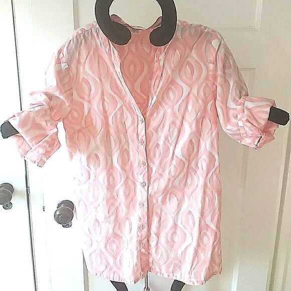 Vintage Hannah Peach & White Cotton Button Down V Neck Blouse size M - Picture 3 of 7